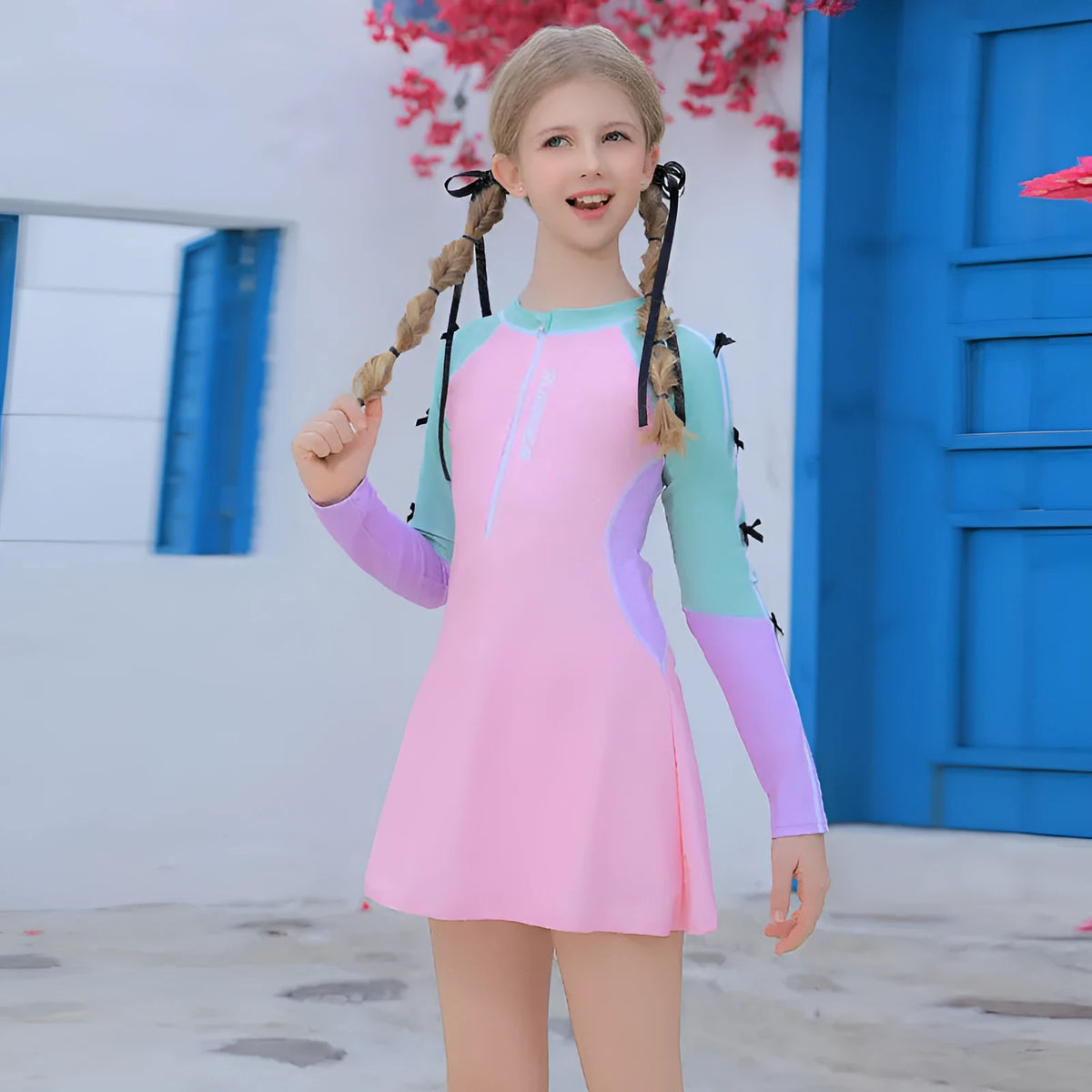 Pink polyester girls swimsuit with split skirt, sizes 3XL to 7XL, conservative children's swimwear