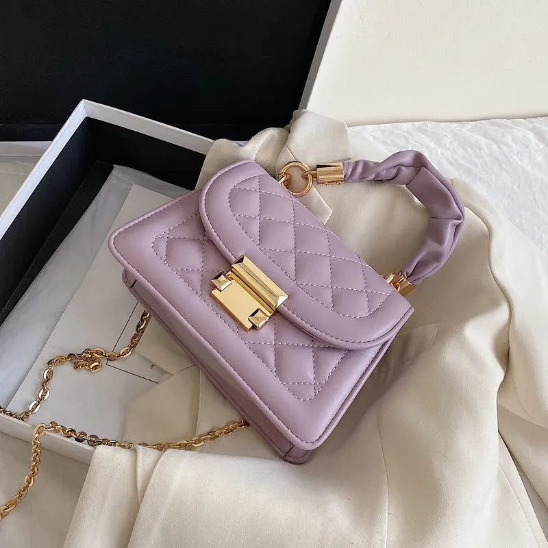 Korean-style small square shoulder bag in purple with chain detail and soft PU construction