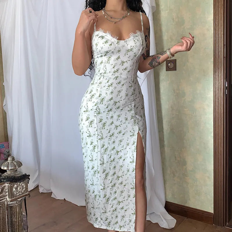 Blue lace flowers print long dress with suspender straps and a high thigh slit.