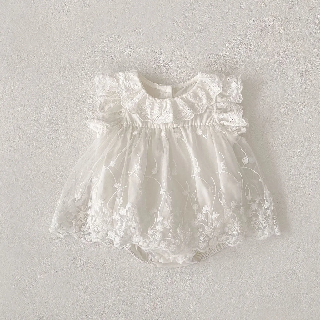 Girls cotton flounced sleeve lace triangle jumpsuit sleeveless creamy white summer