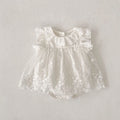 Girls cotton flounced sleeve lace triangle jumpsuit sleeveless creamy white summer