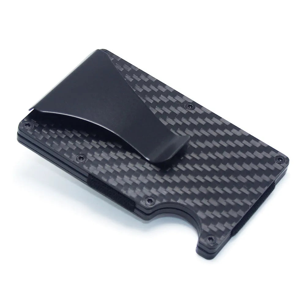 Geometric card holder in carbon fibre and aluminium, showing slim 8mm profile and capacity for multiple cards.