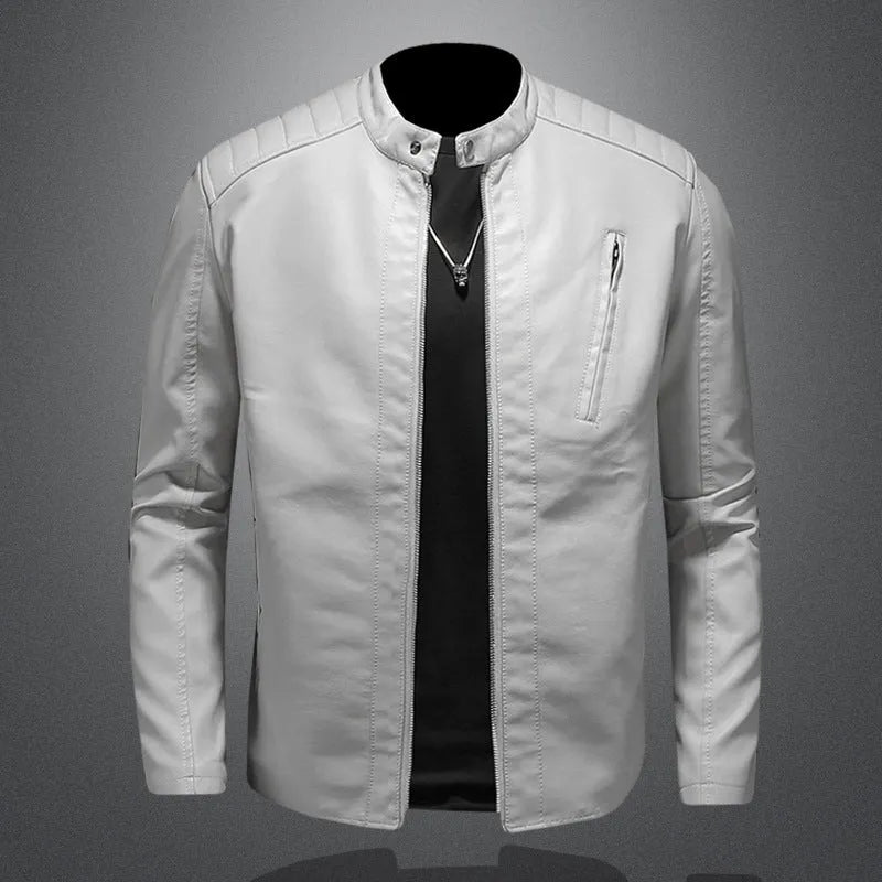 Plus size men's black PU leather jacket with stand collar, front zip, and zipper pockets, available in sizes M to 5XL