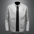 Plus size men's black PU leather jacket with stand collar, front zip, and zipper pockets, available in sizes M to 5XL