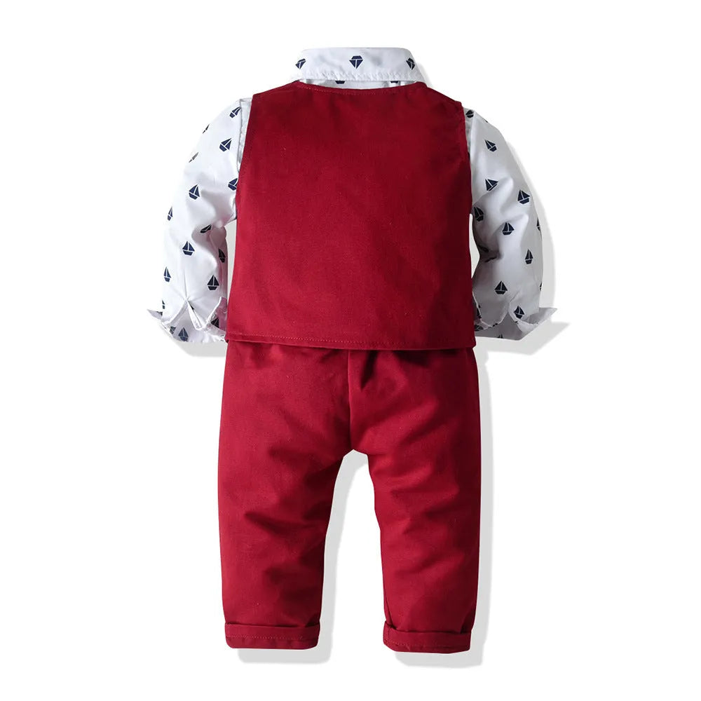 Boys children's long-sleeved shirt vest and pants suit in red cotton single-breasted design