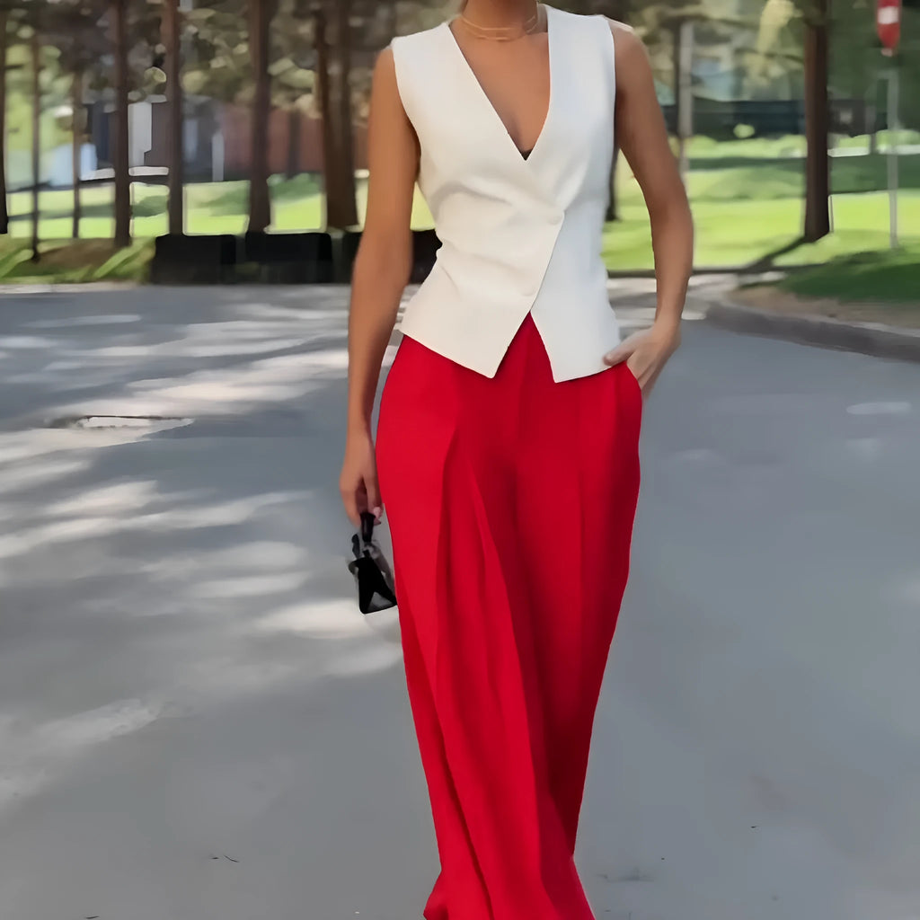 Women's deep V-neck sleeveless top and high waist wide leg pants two-piece set in beige polyester