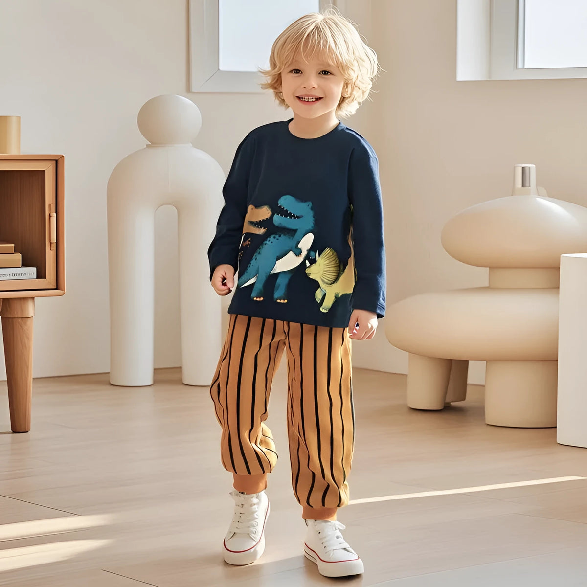 Children's two-piece cotton suit with long sleeve top and trousers in blue and orange animal stripe cartoon pattern