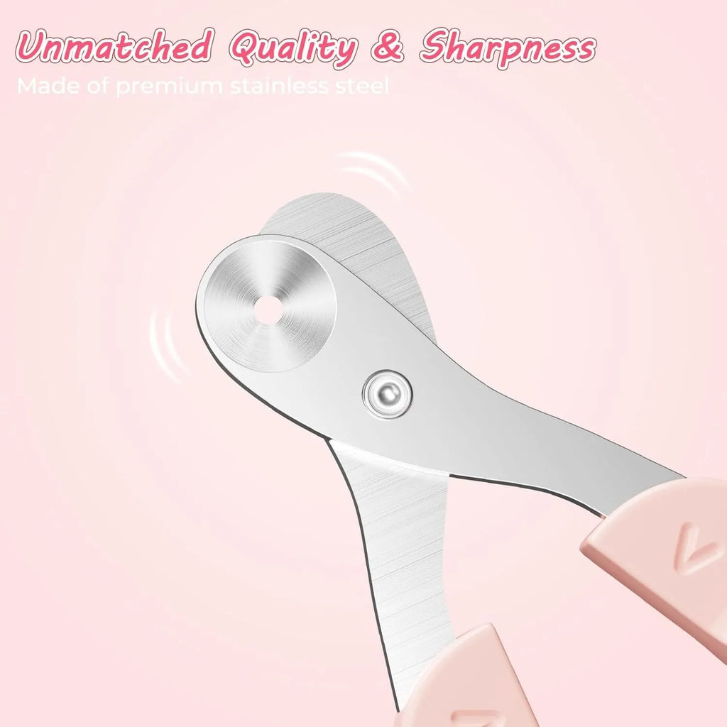 Blue cat nail clipper with a round positioning hole and non-slip handles on a white background.
