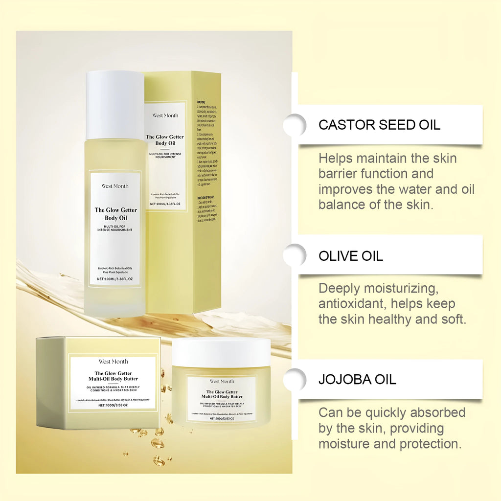 Body care set with skincare oil 100ml and moisturising cream 100g for nourishing and firming skin massage