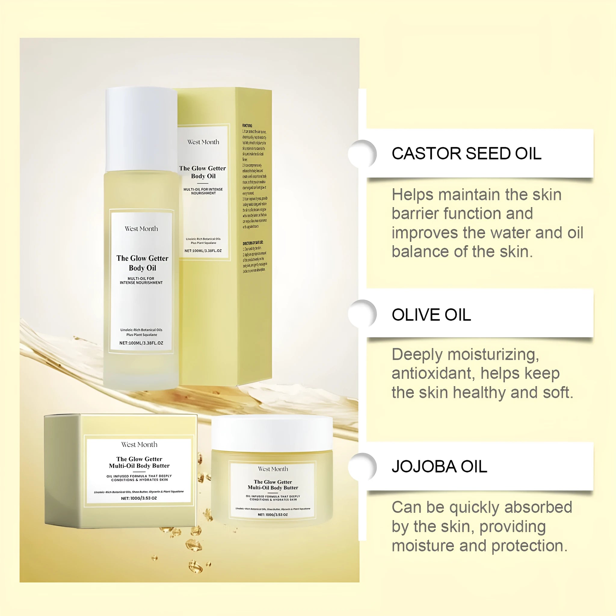 Body care set with skincare oil 100ml and moisturising cream 100g for nourishing and firming skin massage