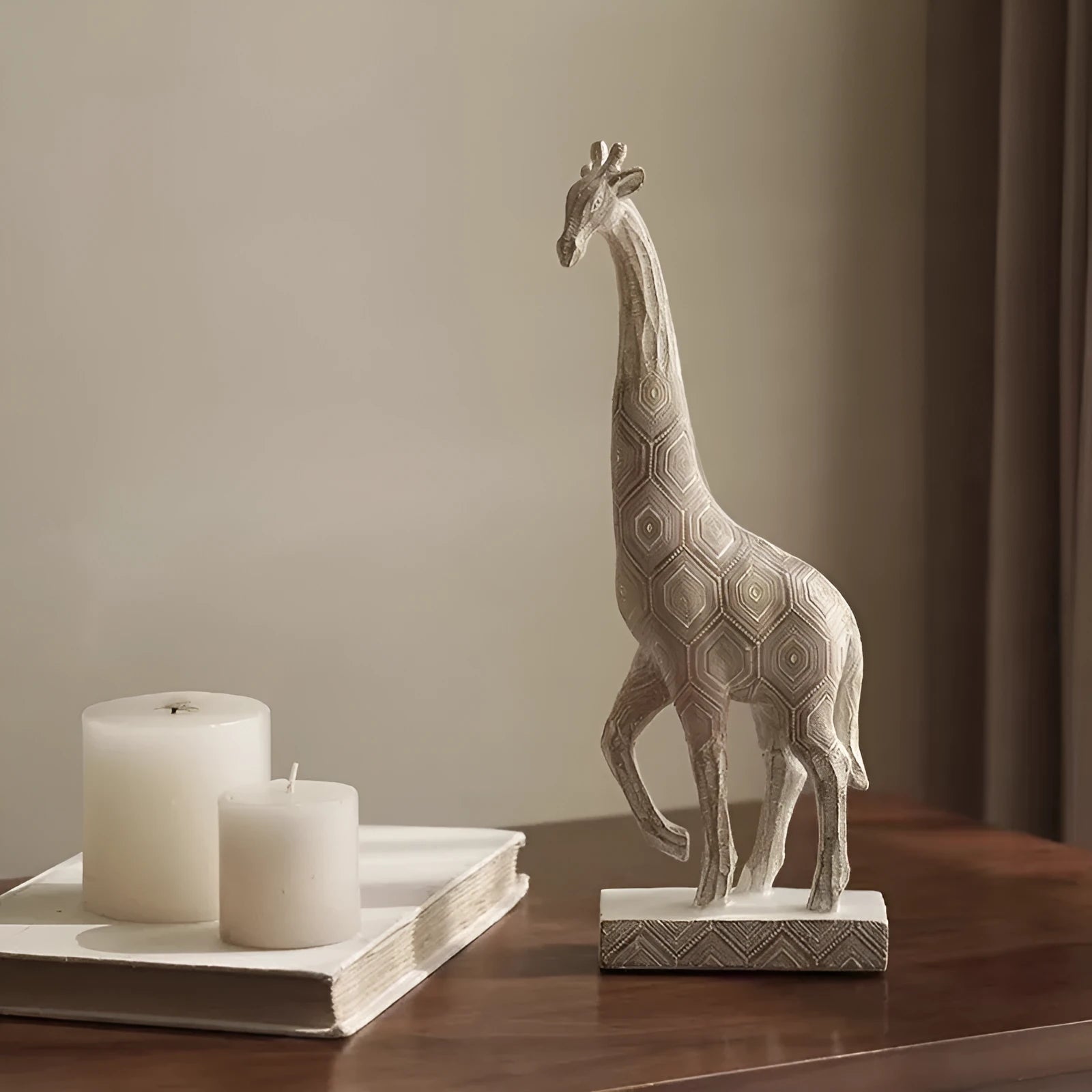 Wood colour synthetic resin giraffe ornament on a shelf, measuring 30.5 cm tall.