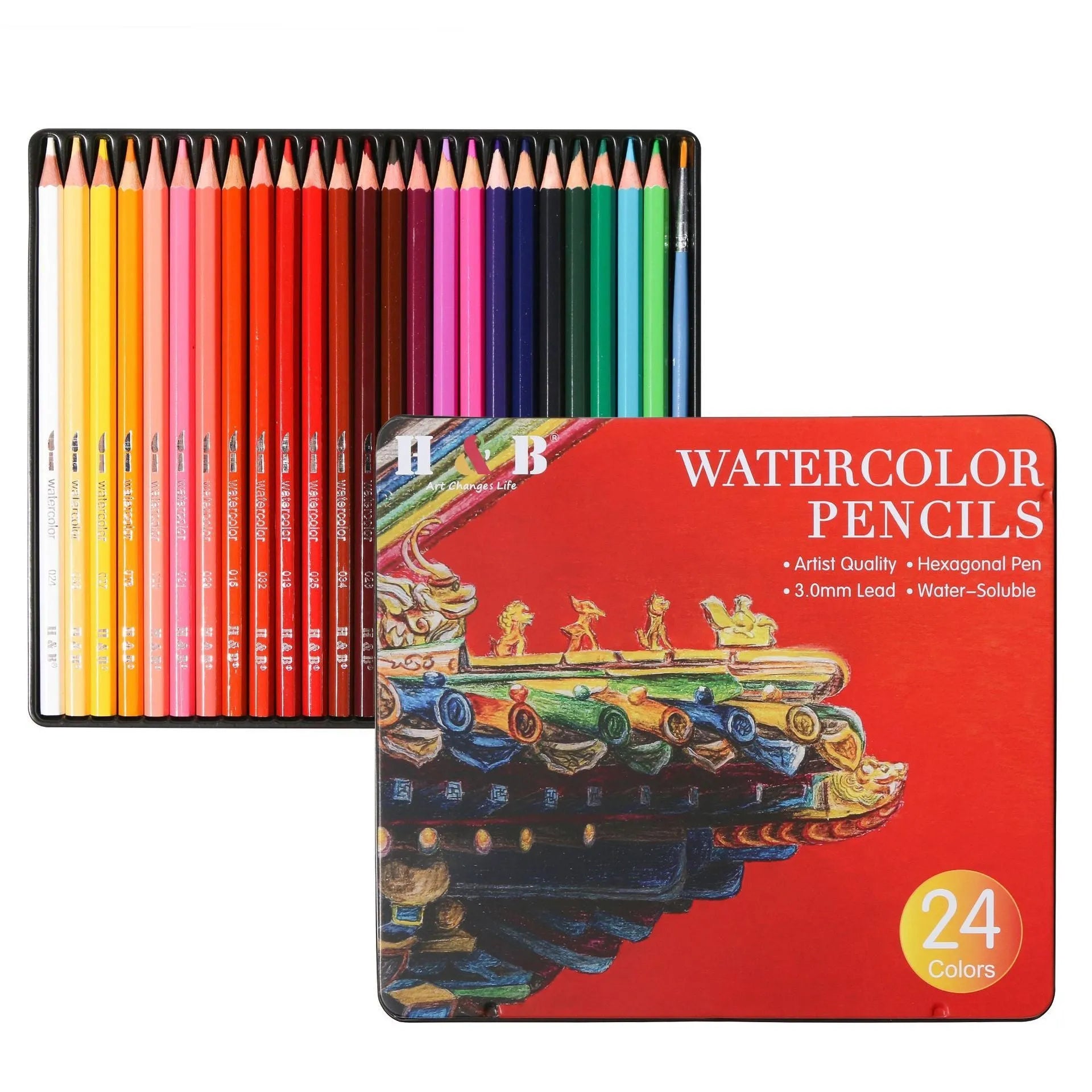 Water-soluble coloured pencil set with 24 colours, brush and iron storage box for artistic drawing and painting