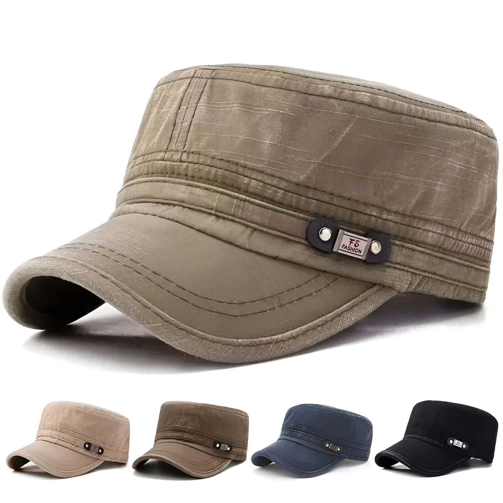 Men's distressed adjustable cotton hat with satin finish in black, brown, navy blue, khaki, green
