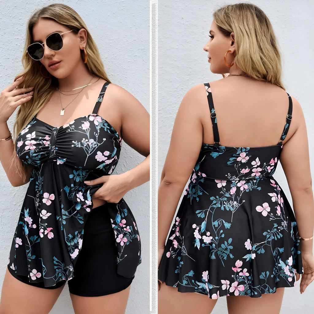Women's floral printed one-piece swimsuit with split colour design in plus sizes