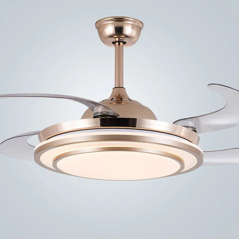 Full spectrum LED ceiling fan chandelier with invisible ABS blades in gold finish