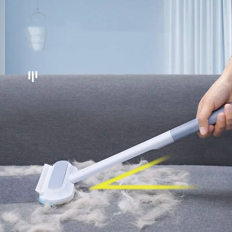 Multifunctional plastic cleaning brush with soft flannel head and extension handle for pet hair and dust.