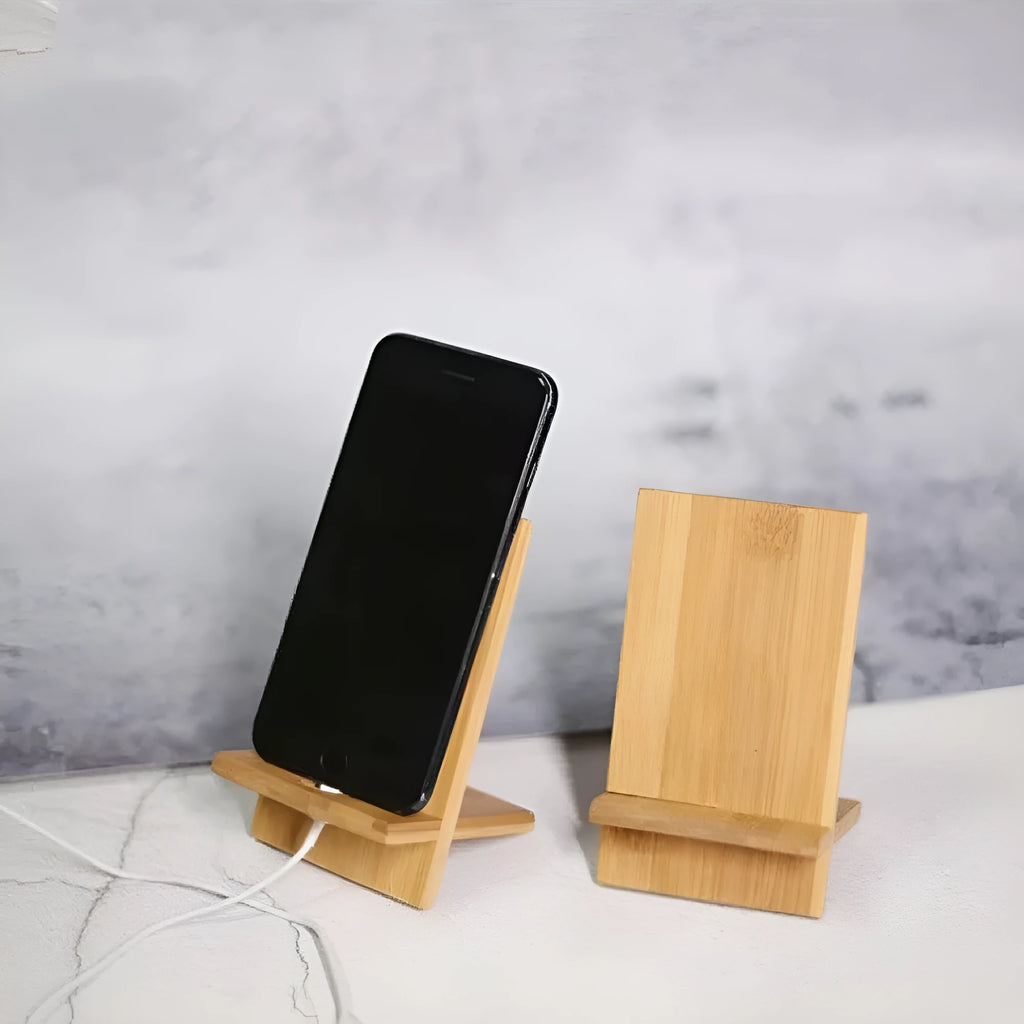 Desktop bamboo phone holder charging stand with universal tablet support, 14x8 cm, natural bamboo finish