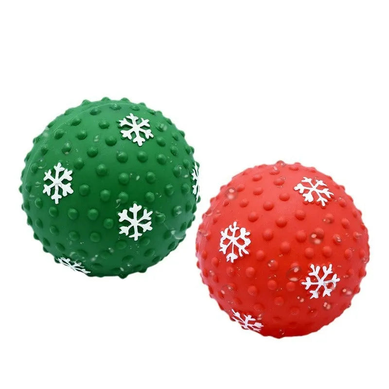 Red and green Christmas dog toy ball with snowflake pattern, approximately 7cm diameter