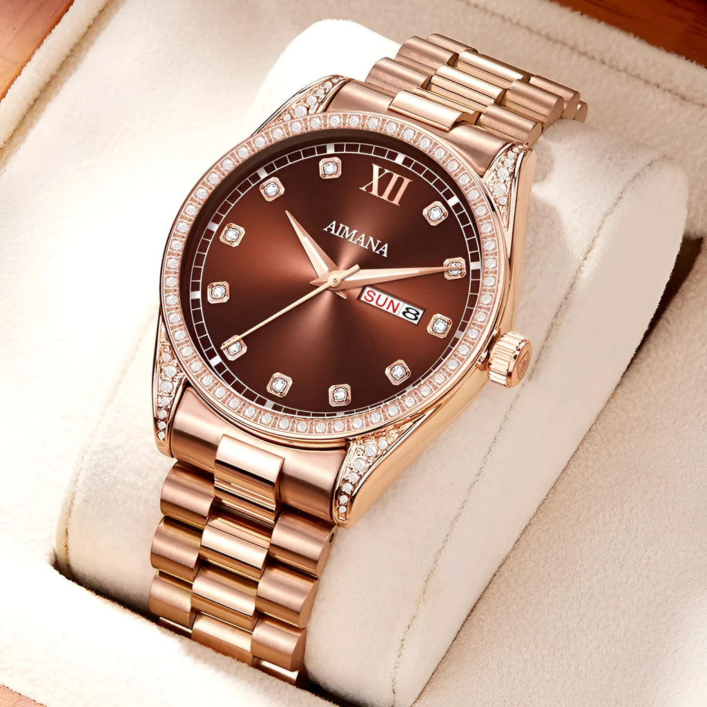 Log Series diamond disc quartz women's watch with steel strip strap, 10mm case, silver or rose shell finish
