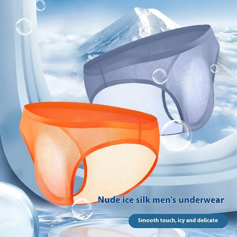 Translucent seamless ice silk men's underwear briefs in striped colours with low-waist design