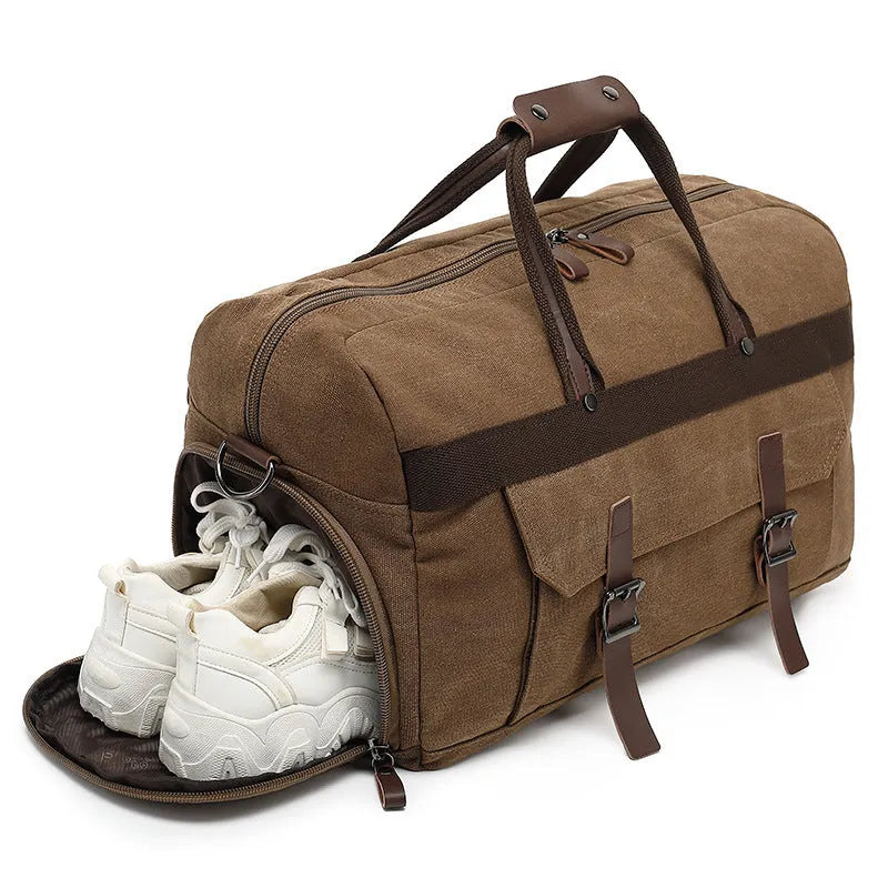 Large capacity crossbody travel bag in canvas with retro sewing detail and crossbody strap