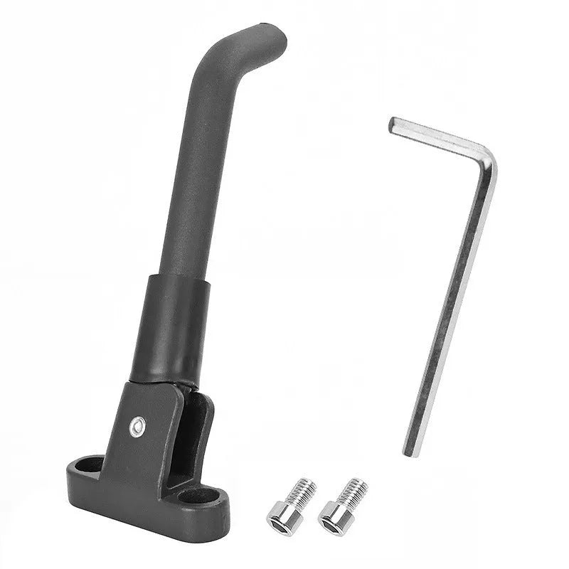 Aluminium alloy electric scooter foot brace accessory in black, white, and grey colours with screws and hex wrench.