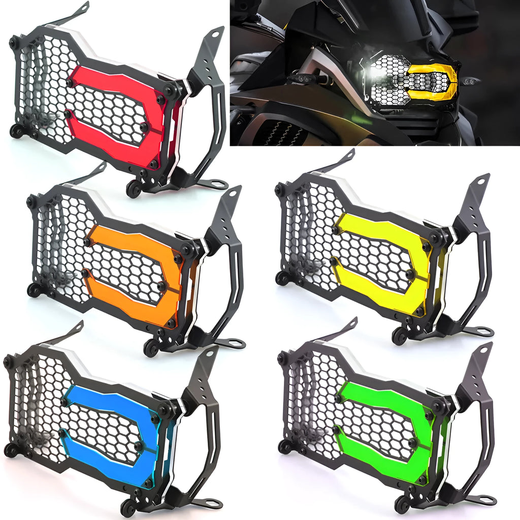 BMW motorcycle headlight protective cover in a choice of colours, shown next to a GS model.