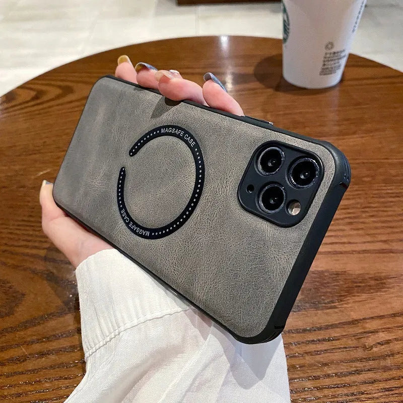 Black imitation leather magnetic charging case for iPhone on a magnetic car mount