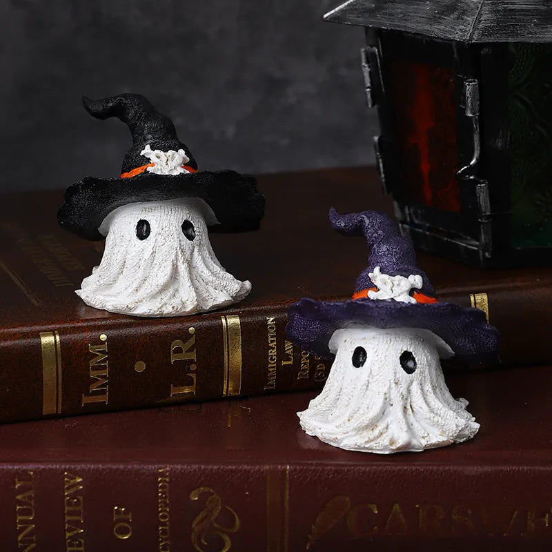 Resin Halloween wizard hat ghost ornament in black or purple colours for seasonal decoration
