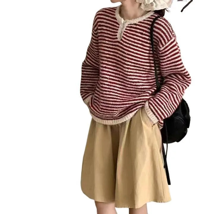 Women's red and blue striped cashmere pullover sweater with loose fit and long sleeves