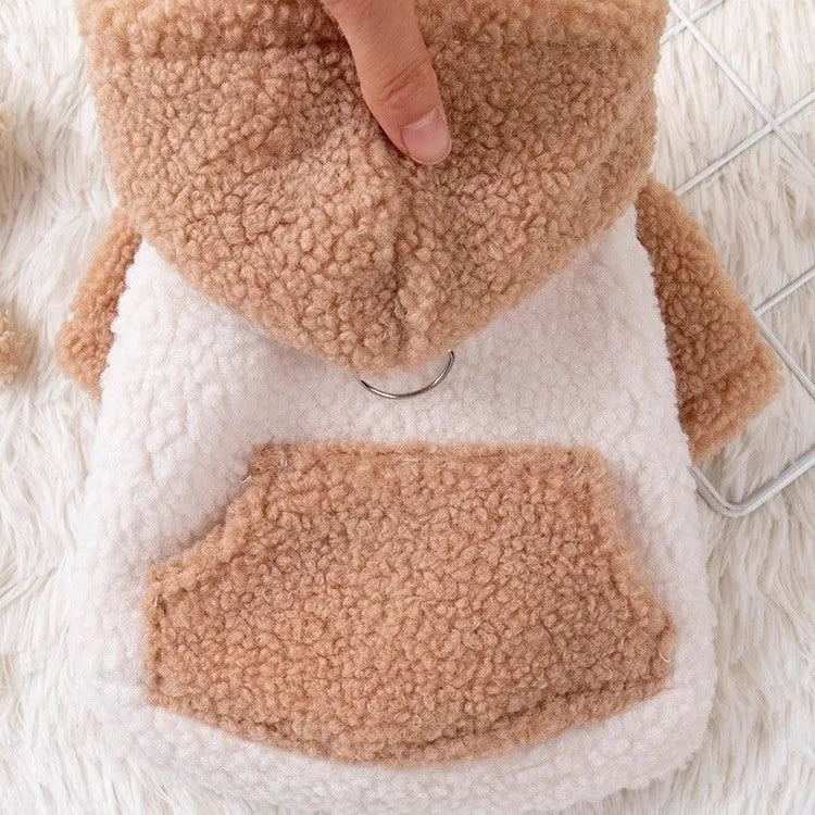 Brown hooded cotton-padded dog coat on a mannequin, showing back detail and size.