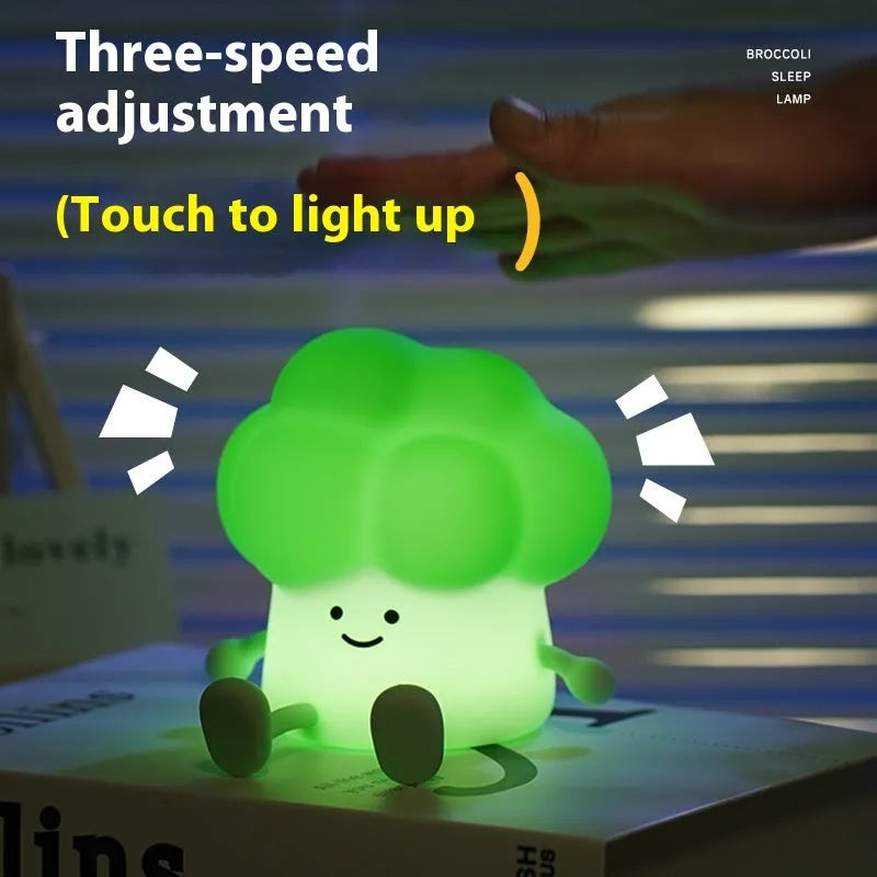 Cartoon eggplant and broccoli character night lamps with soft yellow ambience lighting
