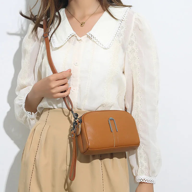 Genuine first layer cowhide women shoulder bag in horizontal square shape, 19cm length, available in black navy green brown and khaki