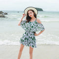 Women's printed one-piece swimsuit in polyester fabric showing green leaf style and black letter style colour options