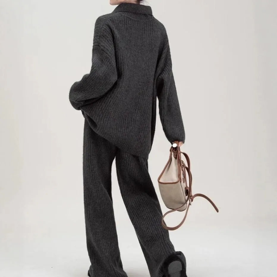 Sweater suit two-piece set with knit top and casual trousers in acrylic fibre imitation cashmere fabric