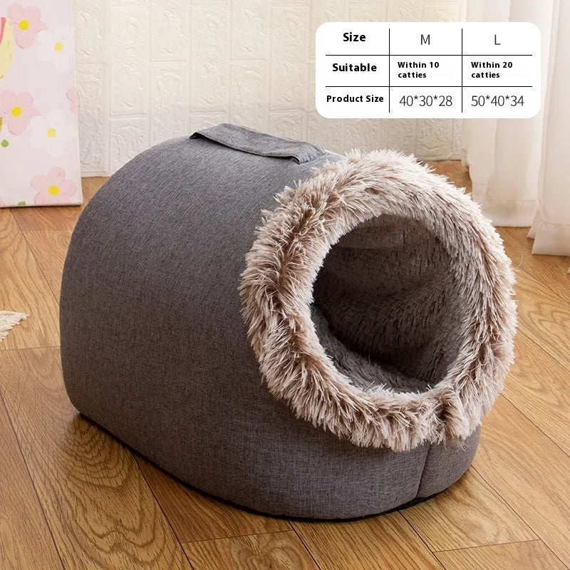 Grey fleece-lined enclosed cat sleeping bag bed for winter, shown next to brown colour option.