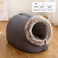 Grey fleece-lined enclosed cat sleeping bag bed for winter, shown next to brown colour option.