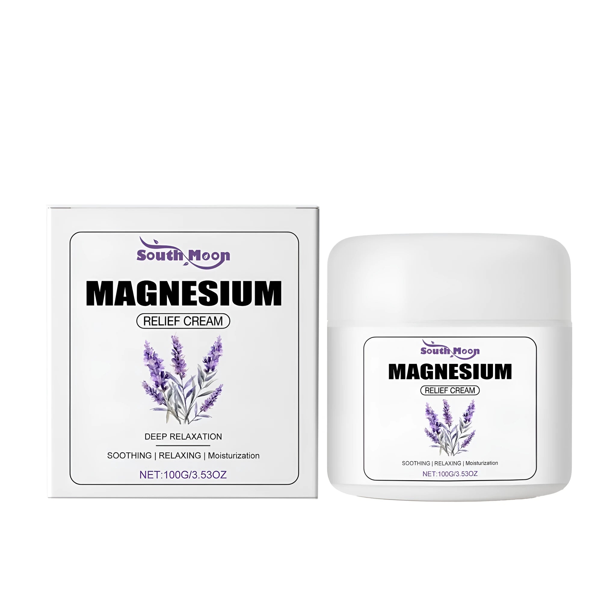100g jar of lavender soothing magnesium cream with mint, olive oil, and vitamin E ingredients listed