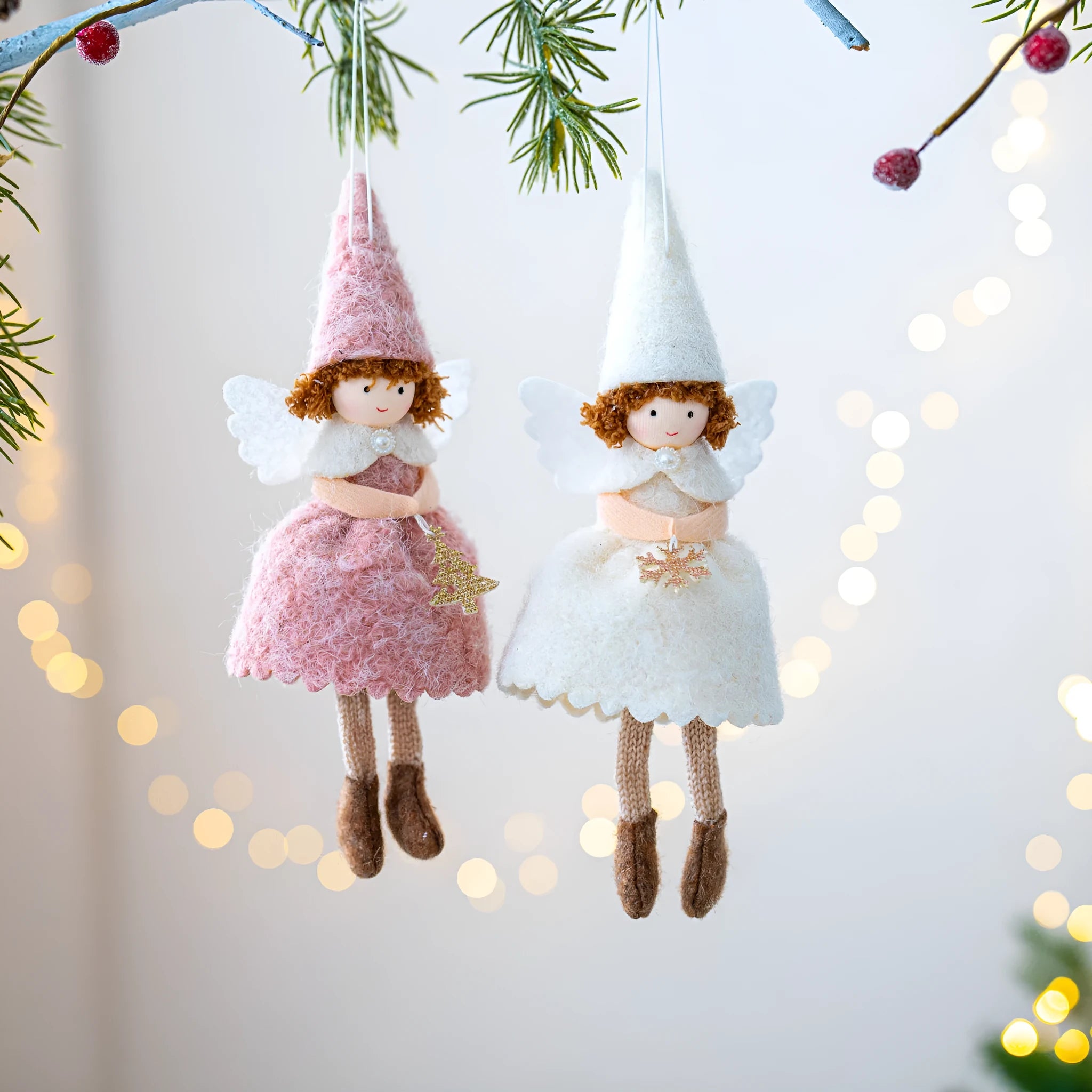 Christmas angel felt skirt pendant in white or pink with plush cloth construction