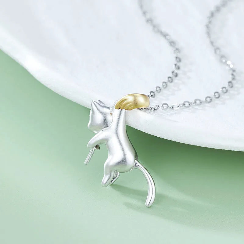 925 sterling silver clavicle chain necklace with cat pendant in multiple finish variations