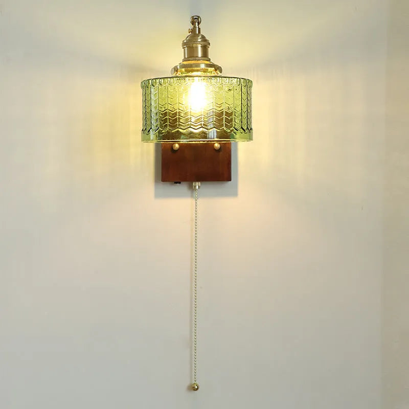 American retro wall lamp in walnut wood and brass with green glass shade, including LED bulb