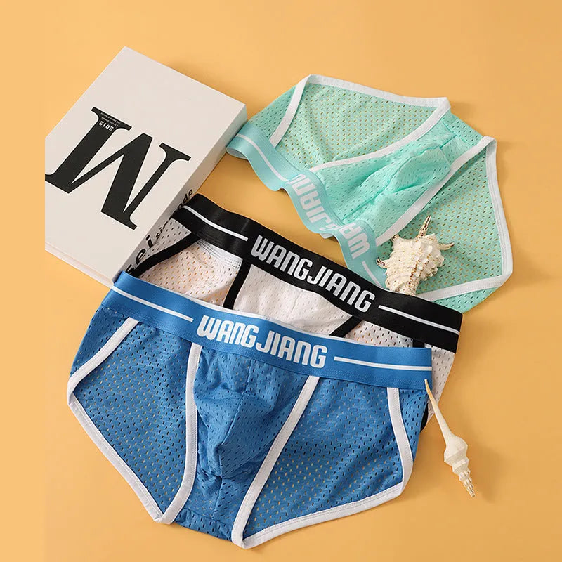 Men's ice silk triangle underwear with mesh panels in black, white, grey, blue, pink, and light green