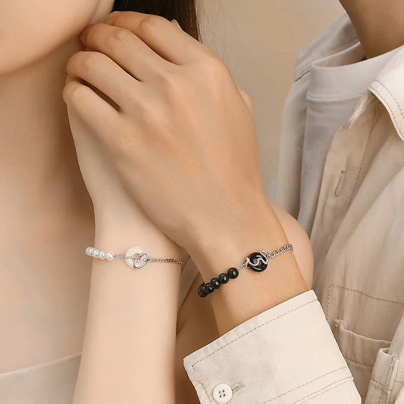 925 sterling silver bracelet with snake zodiac motif, obsidian pearl, and safe buckle in New Chinese style