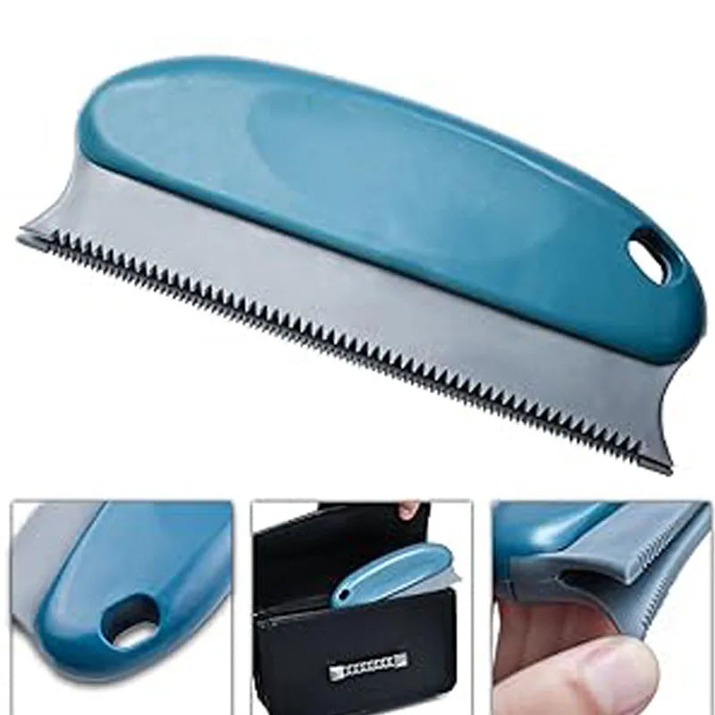 Dark blue pet hair remover brush with double serrated comb on a car seat