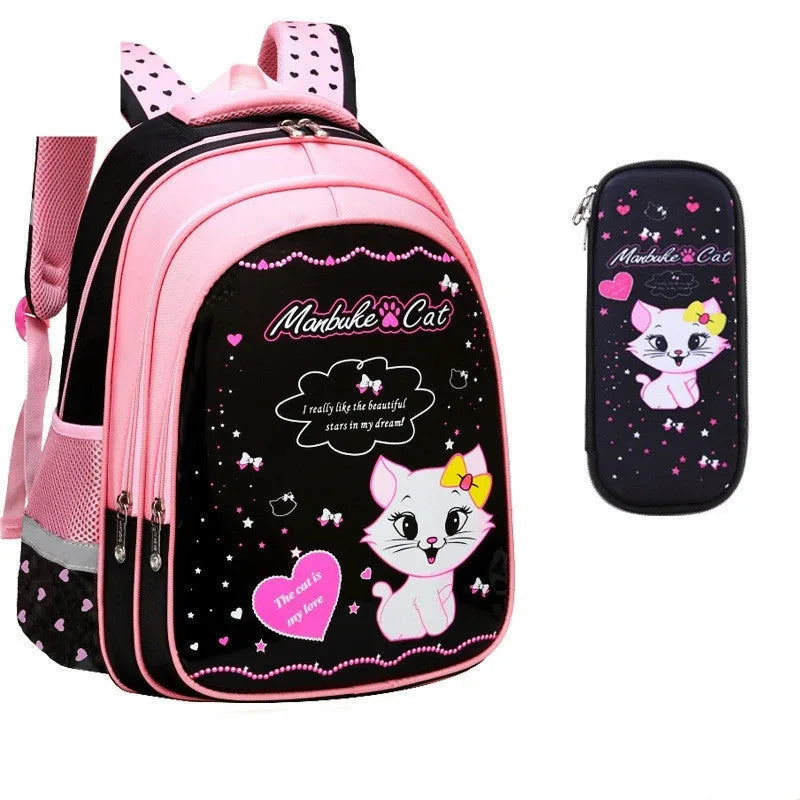 Kids school cat print nylon backpack with load-reducing function, large size, sweet lady style