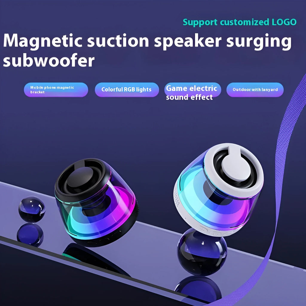 Portable Bluetooth speaker with magnetic base and ambient lighting in black or white