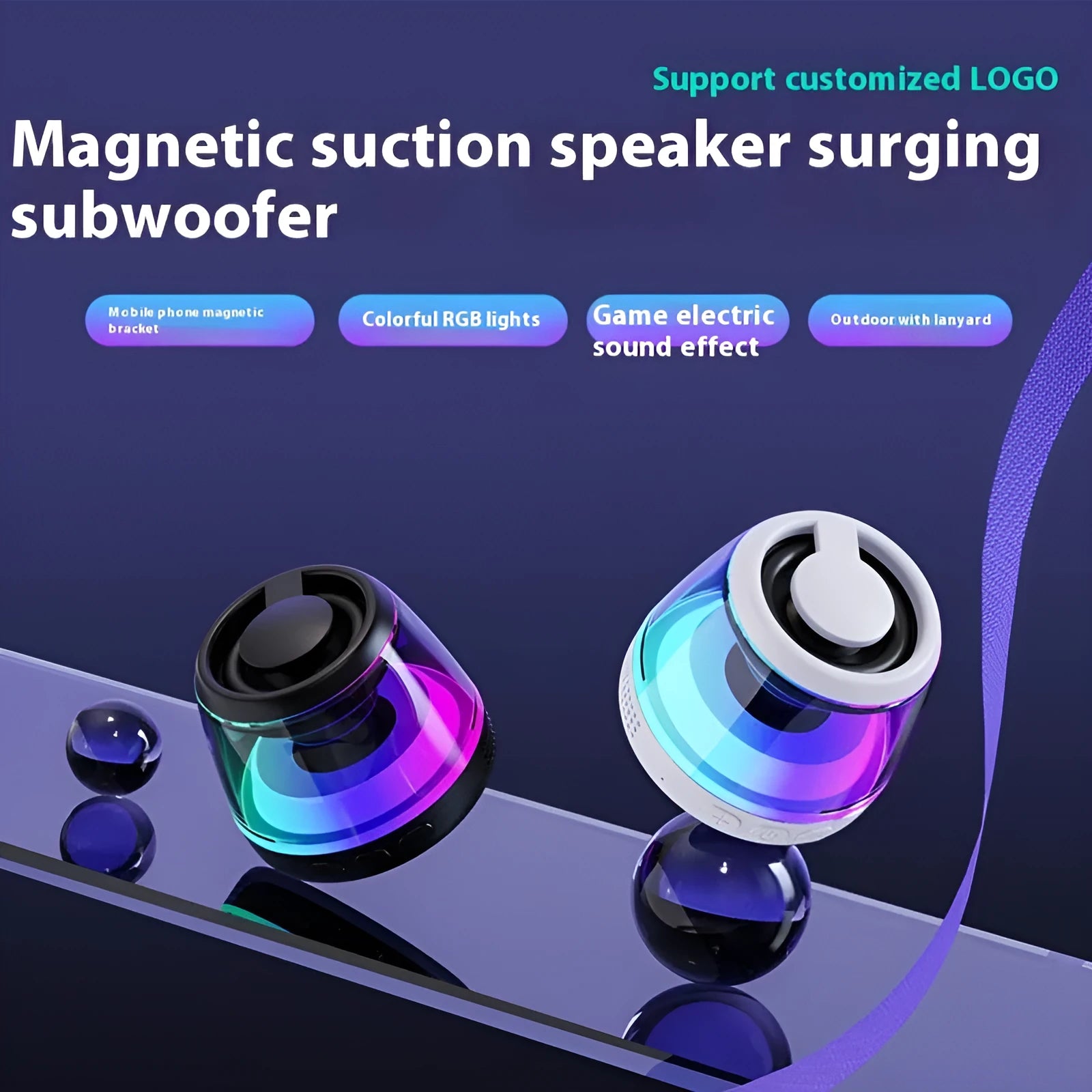 Portable Bluetooth speaker with magnetic base and ambient lighting in black or white