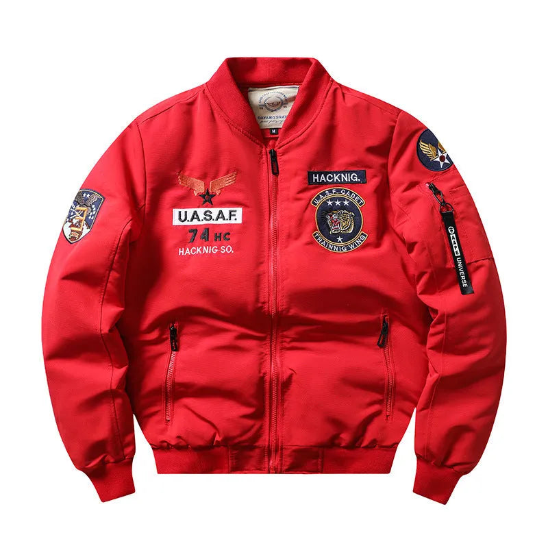Men's slim-fit stand collar retro motorcycle cotton-padded coat in blue with embroidery and patch pockets.