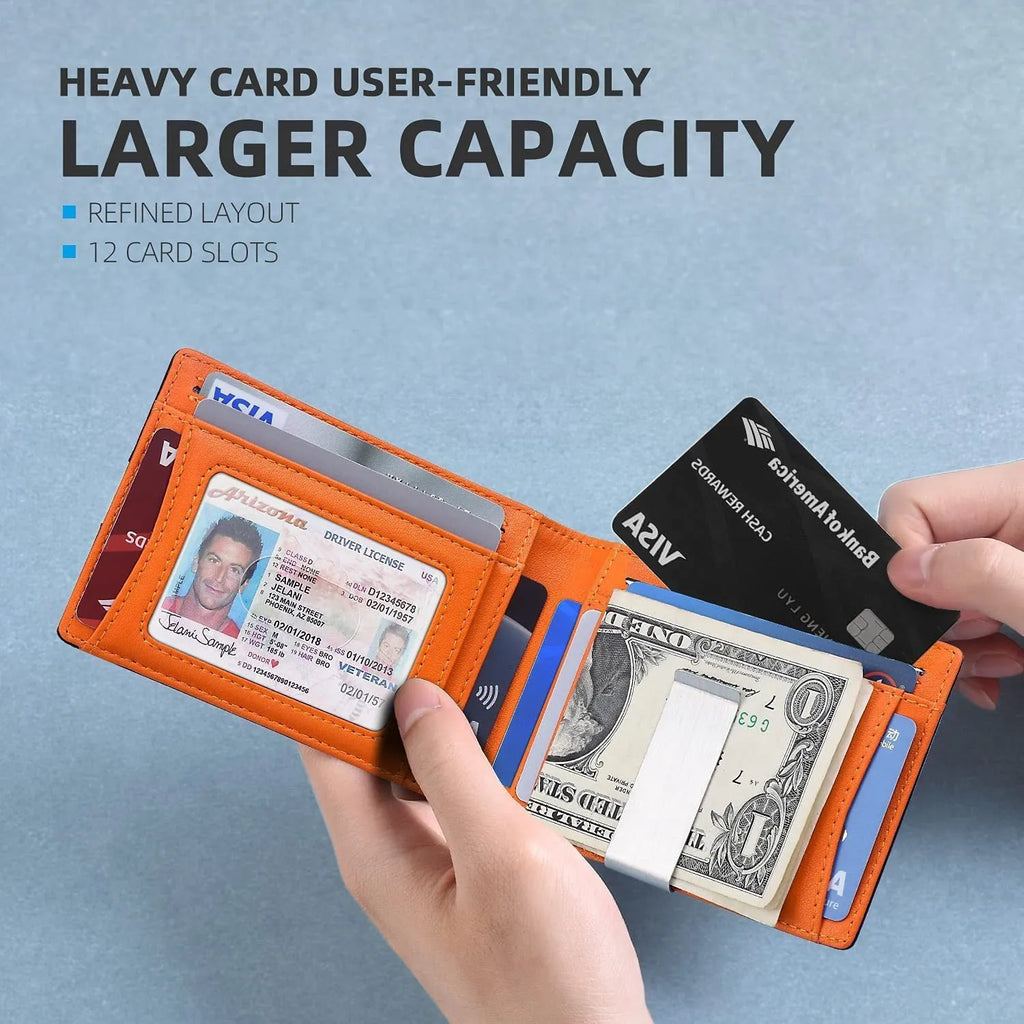 PU leather anti-theft card holder with multiple card slots shown in carbon fibre black colour