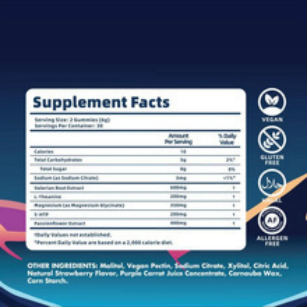 Bottle of 60 melatonin gummies sealed at room temperature for sleep support